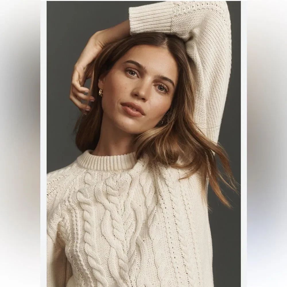 Anthropologie Maeve Ivory Cable Knit Sweater Size M